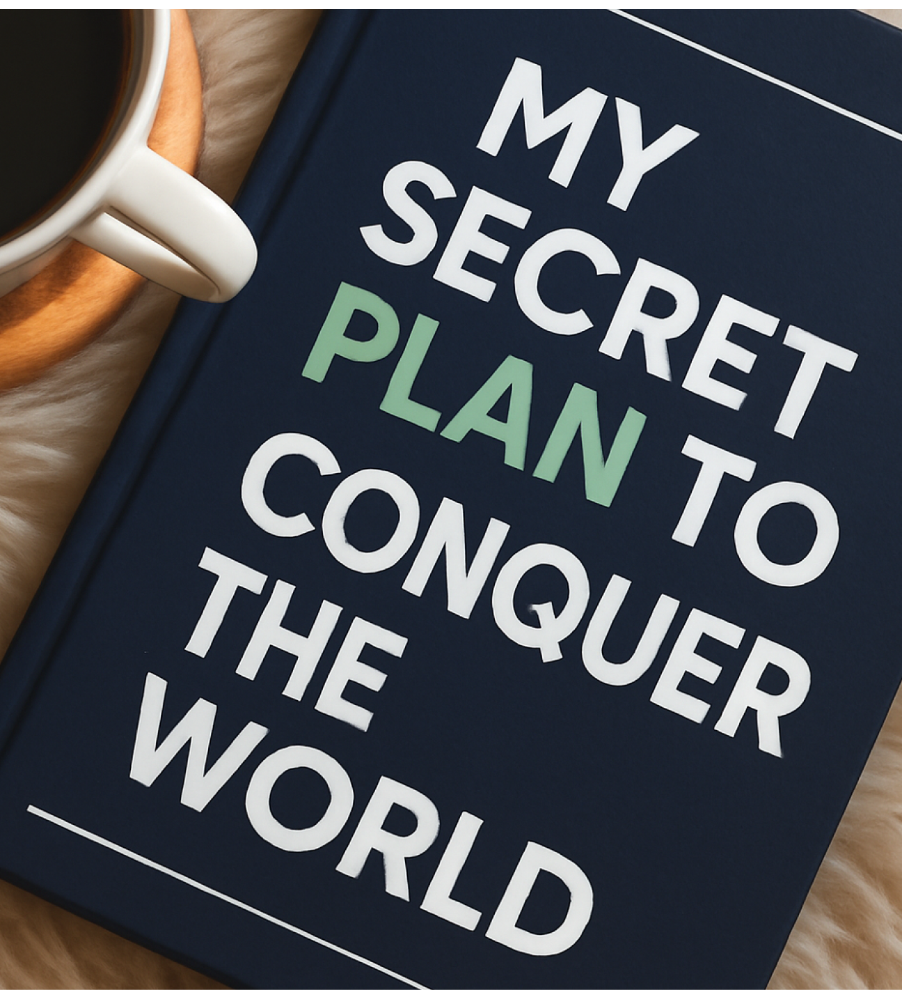 Notebook reading 'My secret plan to conquer the world'