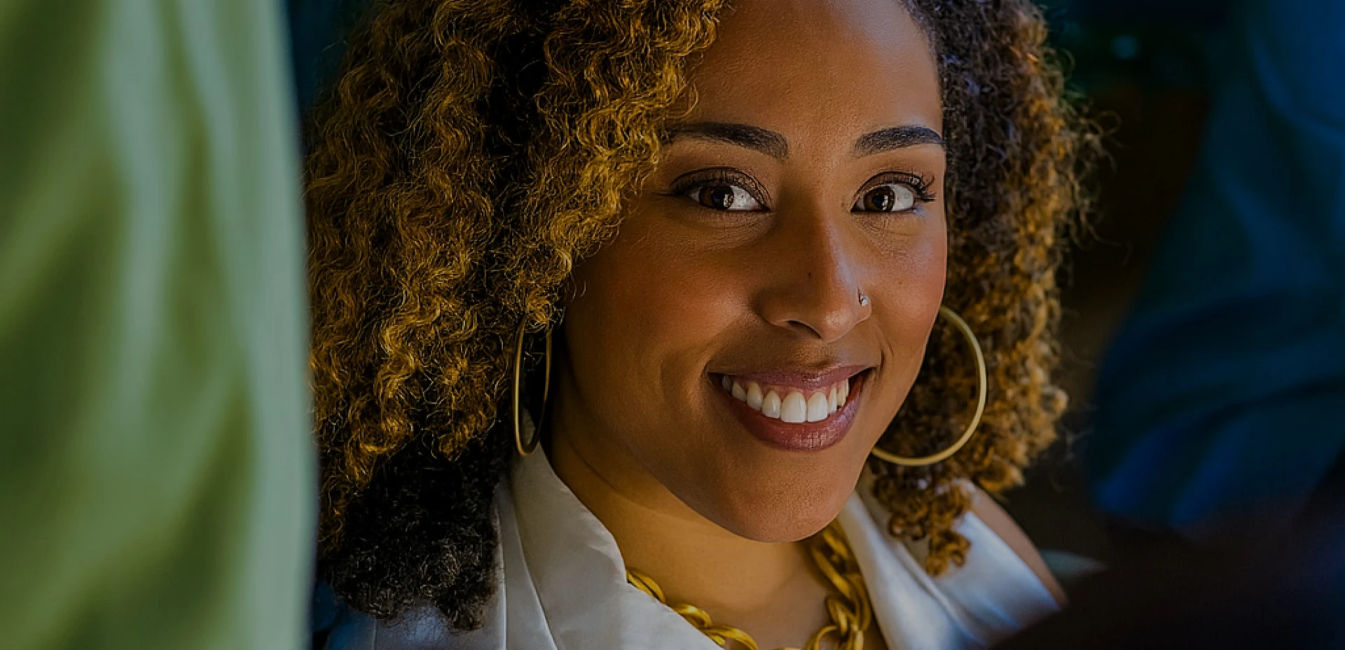 Smiling woman in conversation